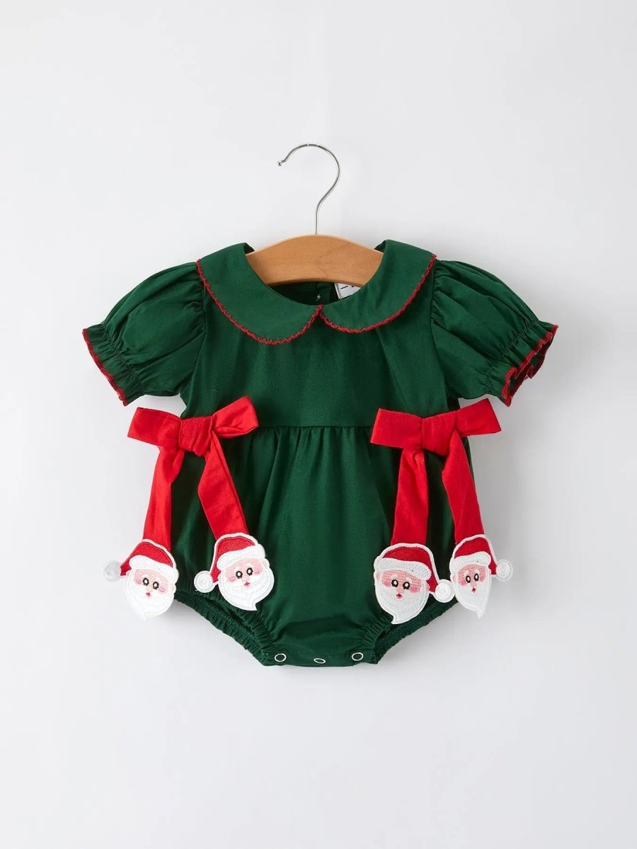 Baby Girls Holiday Outfit Santa Bow Green Christmas Romper Rylee Faith Designs Everetts Place Boutique