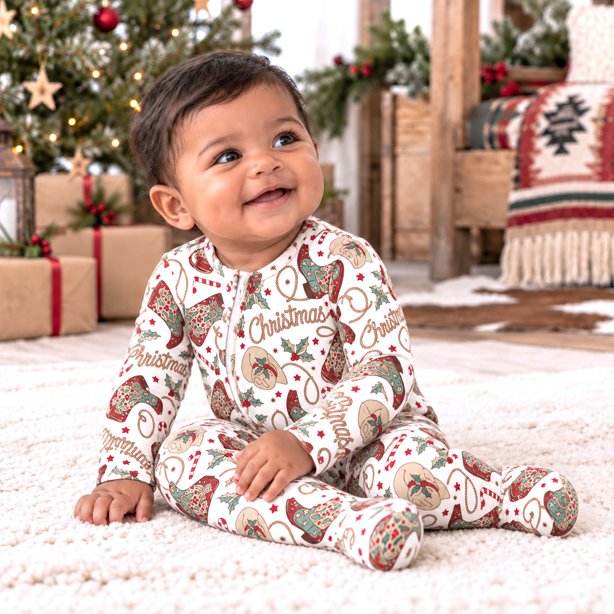 Bamboo Zipper Romper, Western Christmas Print