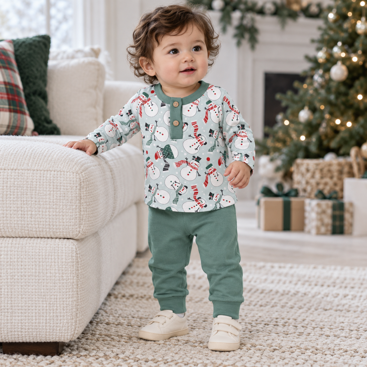 Christmas Snowmen Baby Boy's Bamboo Henley Top & Pants by Tesa Babe