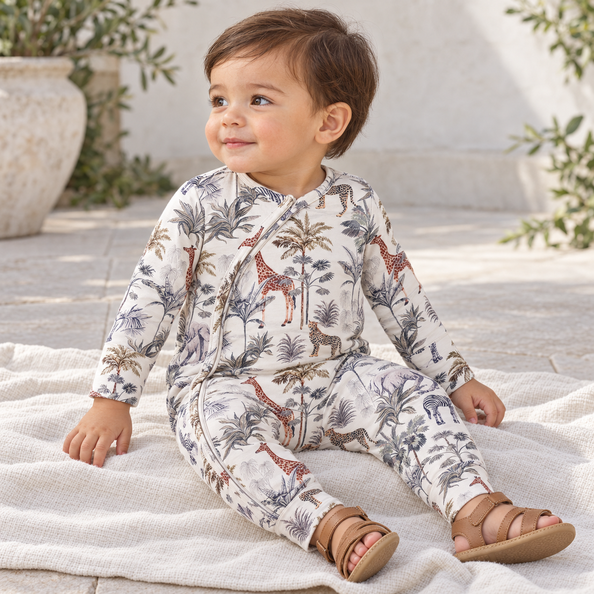 Bamboo Zipper Romper, Jungle Safari, Convertible Cuffs by Tesa Babe