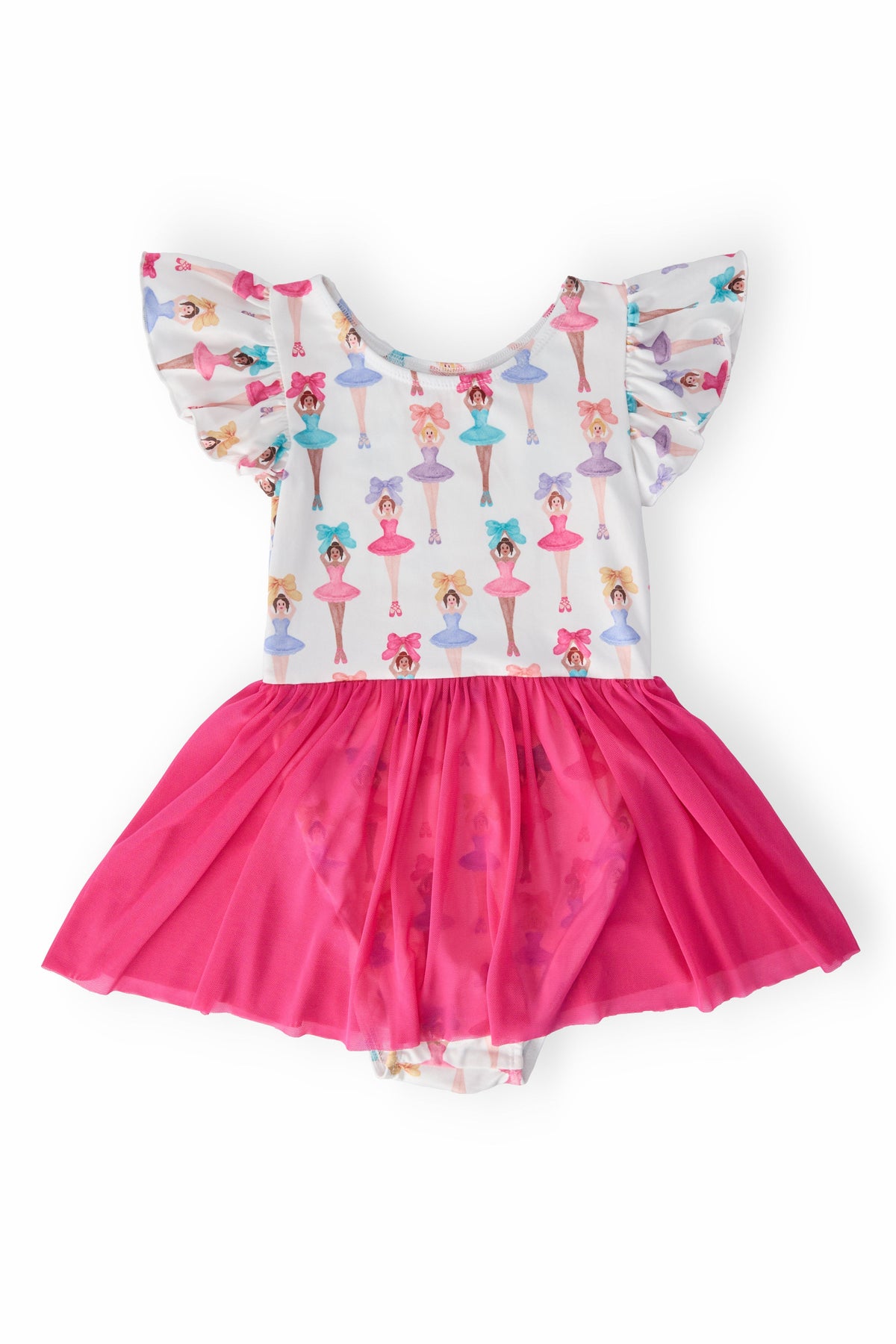 Short-sleeve twirl leotard with a ballerina bow print and an attached flared skirt