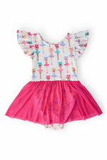 Short-sleeve twirl leotard with a ballerina bow print and an attached flared skirt