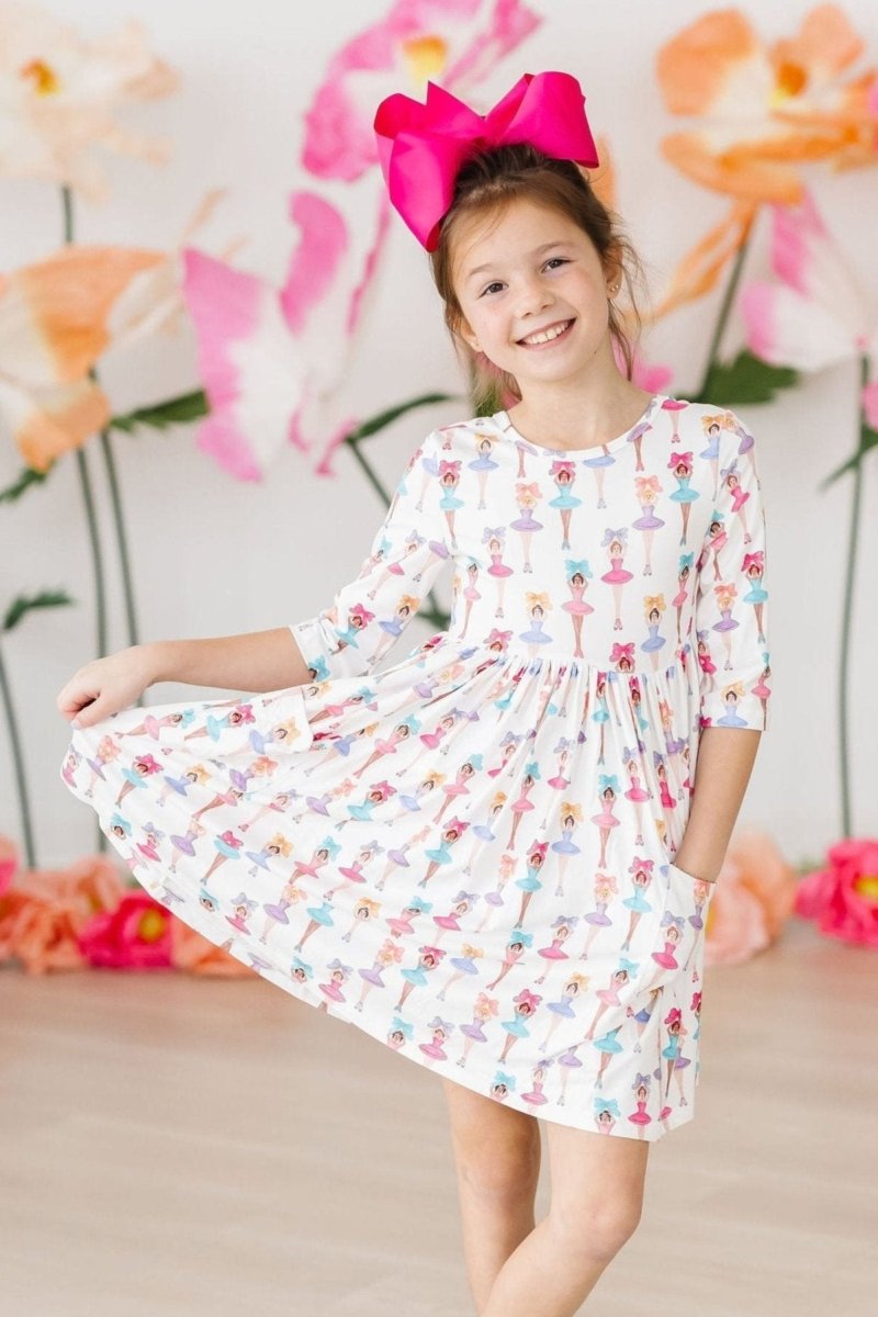 Mila & Rose ® Ballerina Bows Twirl Dress With Pocket Three Quarter Sleeve - Everetts Place Boutique - 