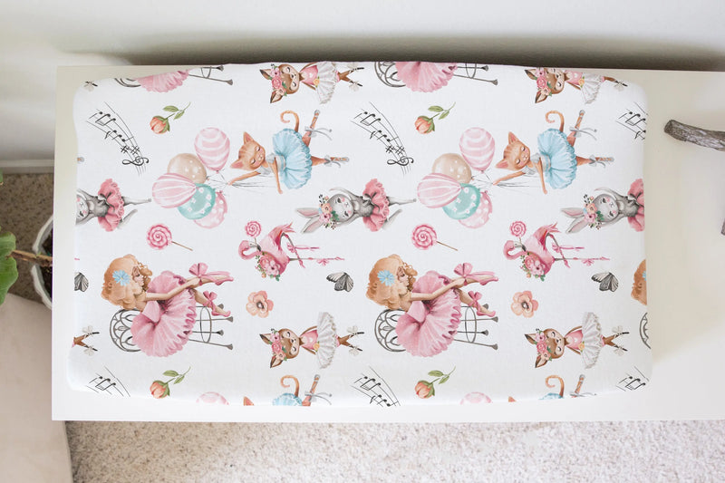 Ballerina-themed changing pad cover with soft and stretchy fabric.