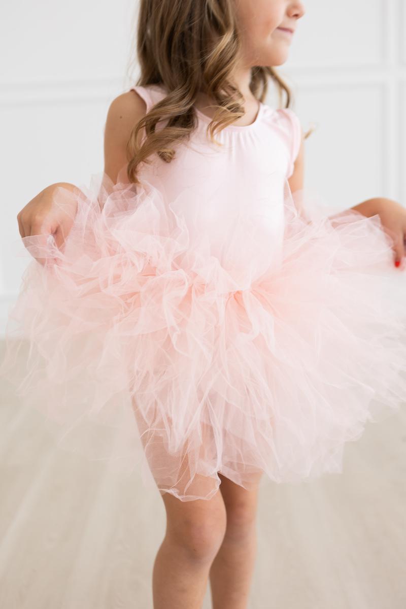 Ballet pink sleeveless tank leotard with a full layered tutu skirt
