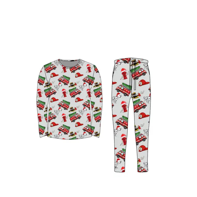Bamboo Adult Two Piece Pajama Set, Christmas fire trucks Miller & Co. Everetts Place Boutique