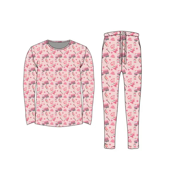 Bamboo Adult Two Piece Pajama Set, Pink Firefighter Miller & Co. Everetts Place Boutique