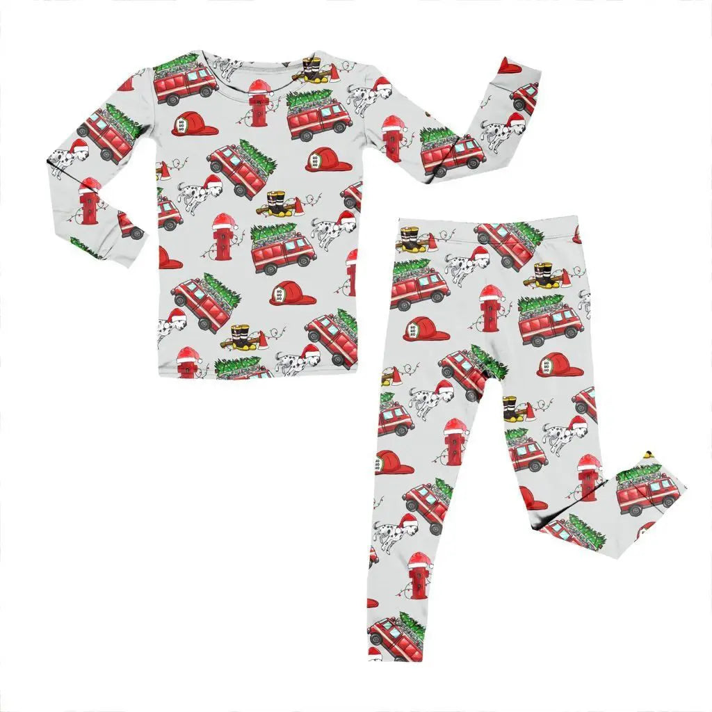 Bamboo Two Piece Pajama Set, Christmas Fire Trucks Miller & Co. Everetts Place Boutique