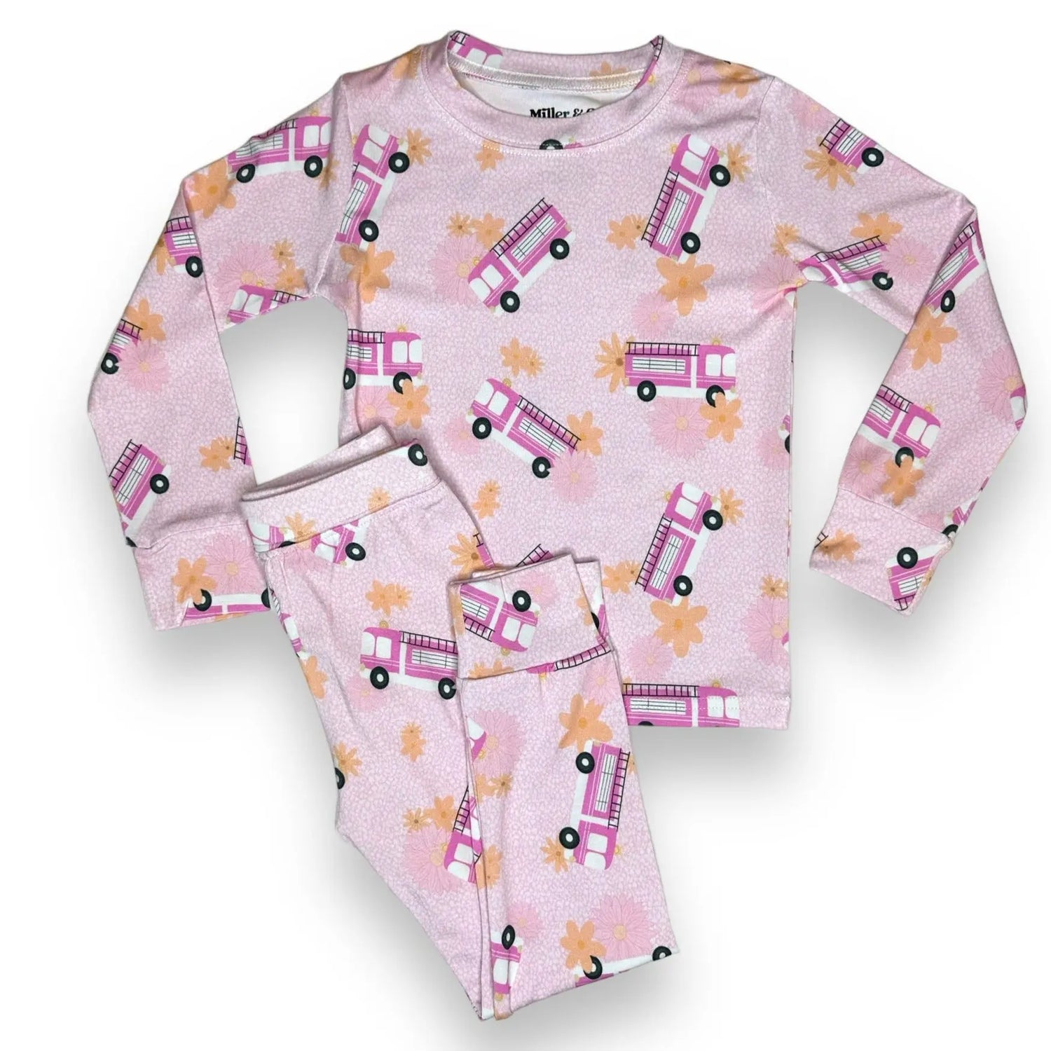 Bamboo Two Piece Pajama Set, Pink Fire Trucks Miller & Co. Everetts Place Boutique