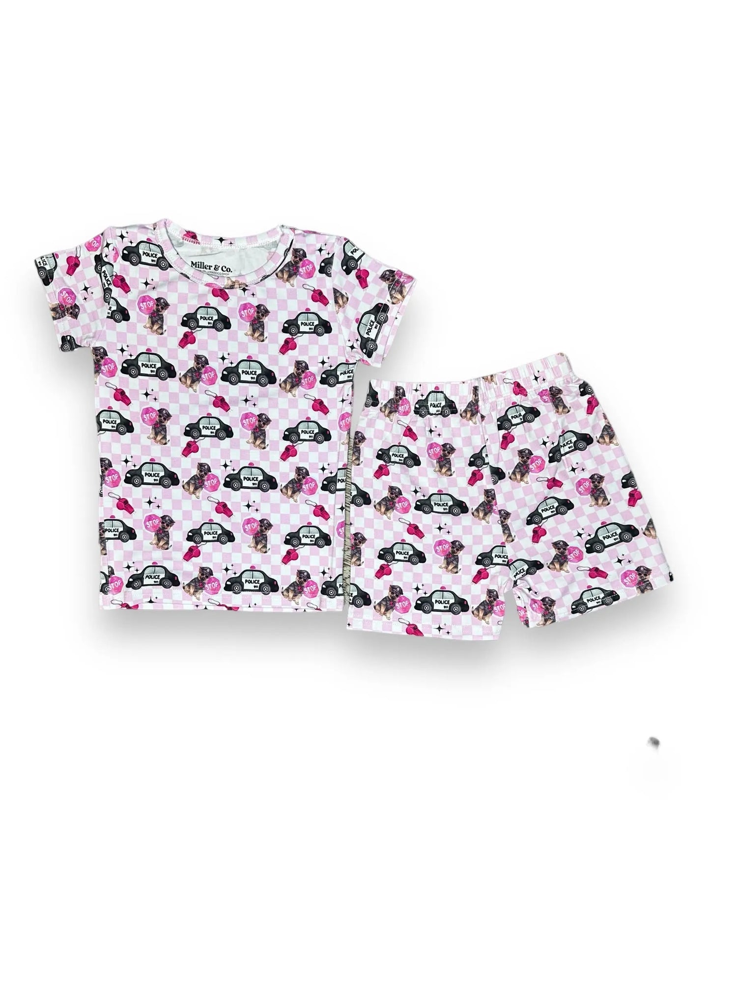 Bamboo Two Piece Short Sleeve & Shorts Pajama Set,  Pink Police Miller & Co. Everetts Place Boutique