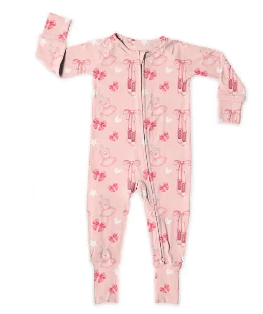 Bamboo Zipper Footie Baby Two Way Zipper Fold Over Hands Pajamas Ballerina Miller & Co. 