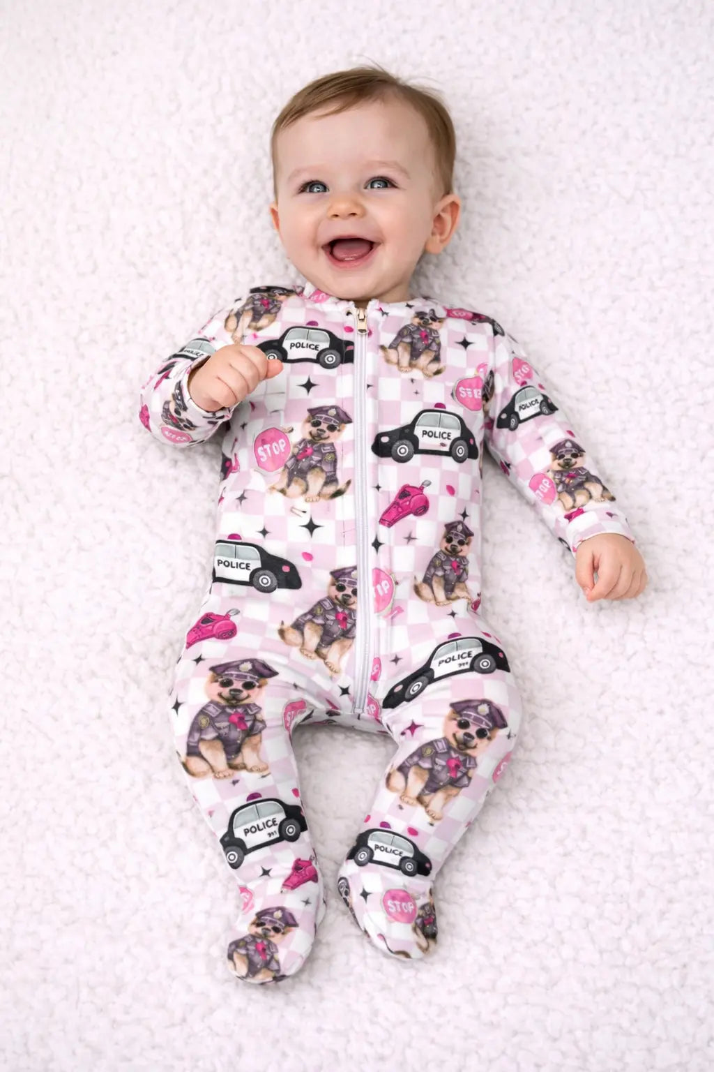 Bamboo Zipper Footie Pajama Pink Police Two Way Zipper Miller Co Miller & Co. 