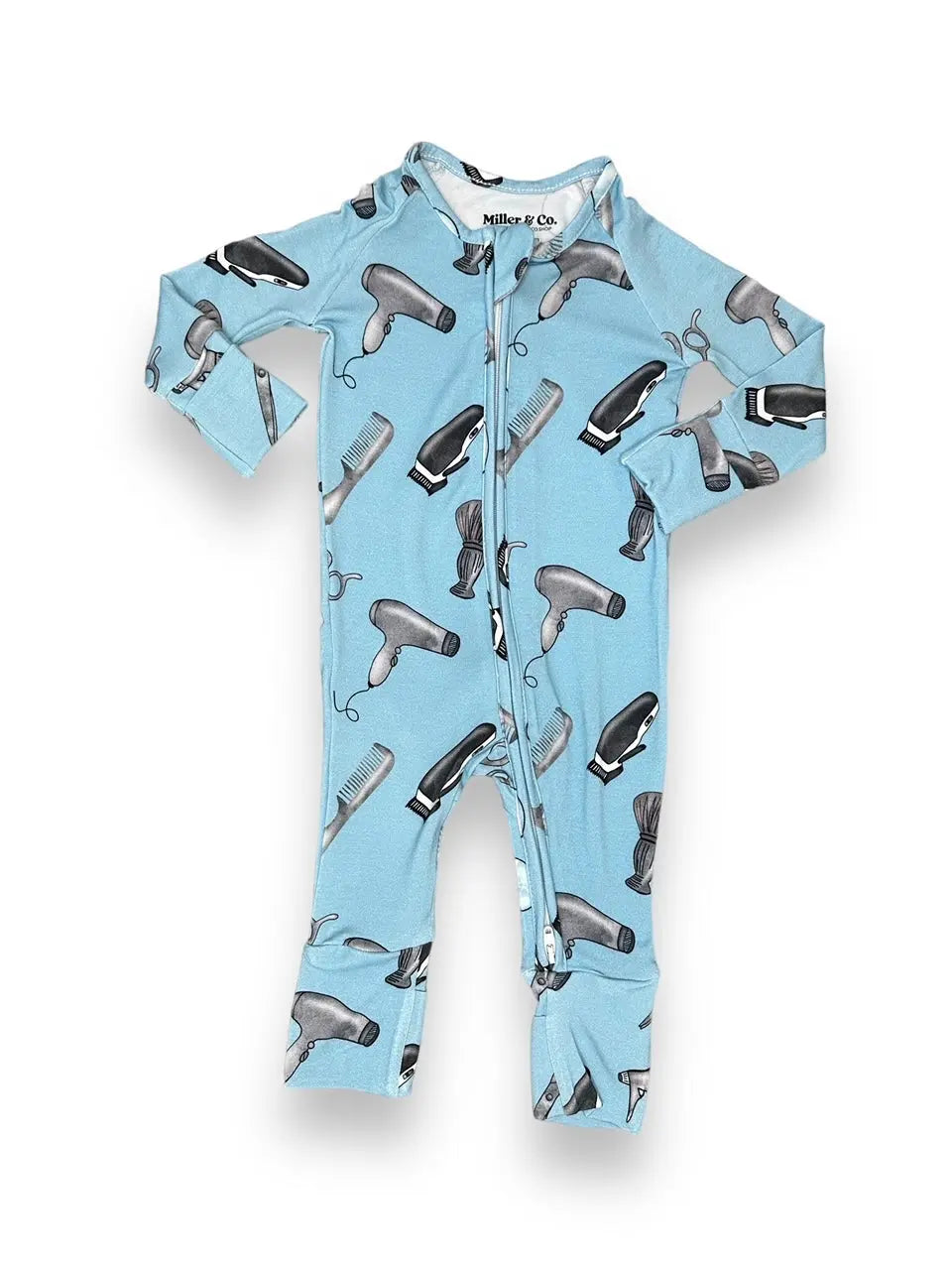 Bamboo Zipper Footie, Blue Hair Stylist Miller & Co. Everetts Place Boutique