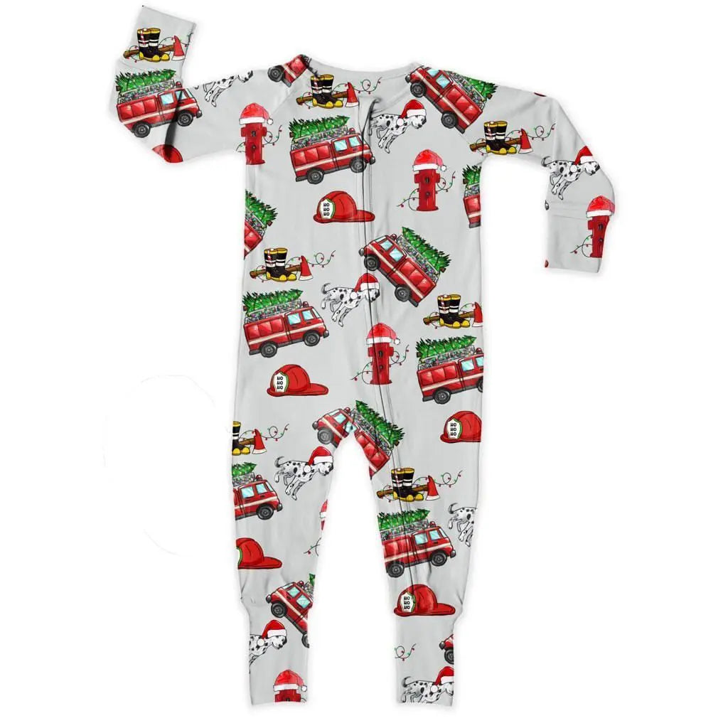 Bamboo Zipper Footie, Christmas Fire Trucks Miller & Co. Everetts Place Boutique