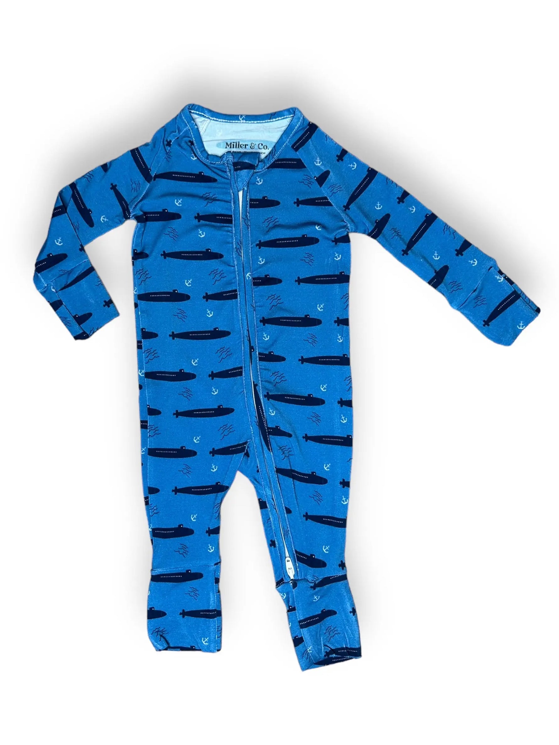 Bamboo Zipper Footie, Navy Submarine Miller & Co. Everetts Place Boutique