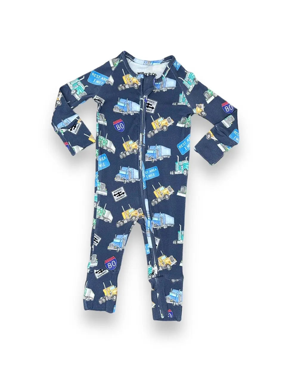 Bamboo Zipper Footie, Semi Trucks Miller & Co. Everetts Place Boutique