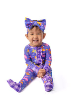 Space Dinosaur Bamboo Purple Double-Zip Onesie with Frills by Rayn’s Tiny Stitches