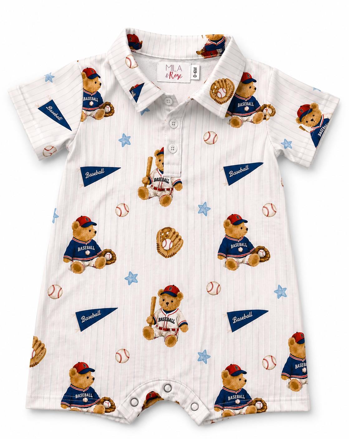 Baby shorty one-piece with polo collar and baseball bears print, featuring snap closure at the legs.