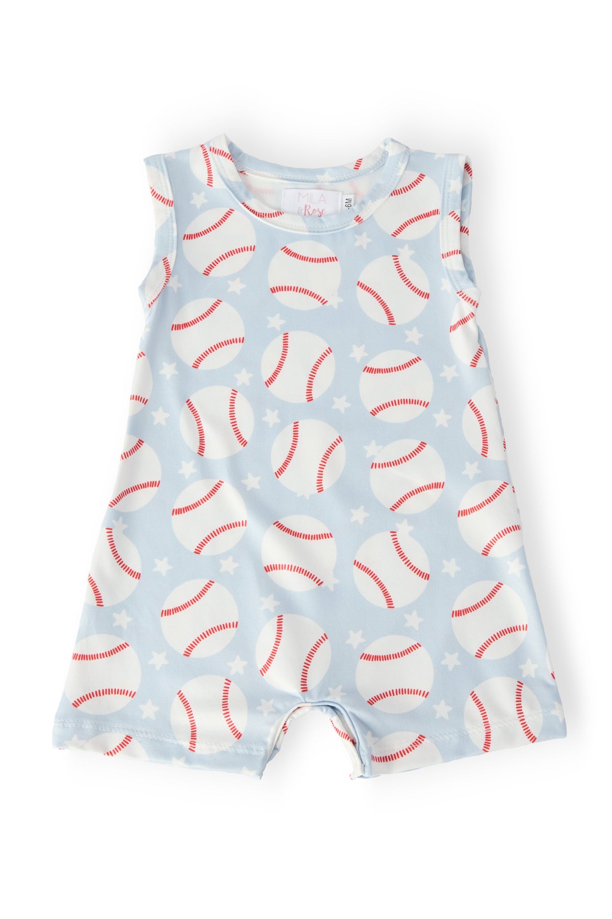 Short-sleeve baby shorty one-piece romper with a baseball-themed print and snap closure.