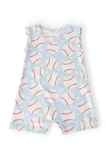 Short-sleeve baby shorty one-piece romper with a baseball-themed print and snap closure.