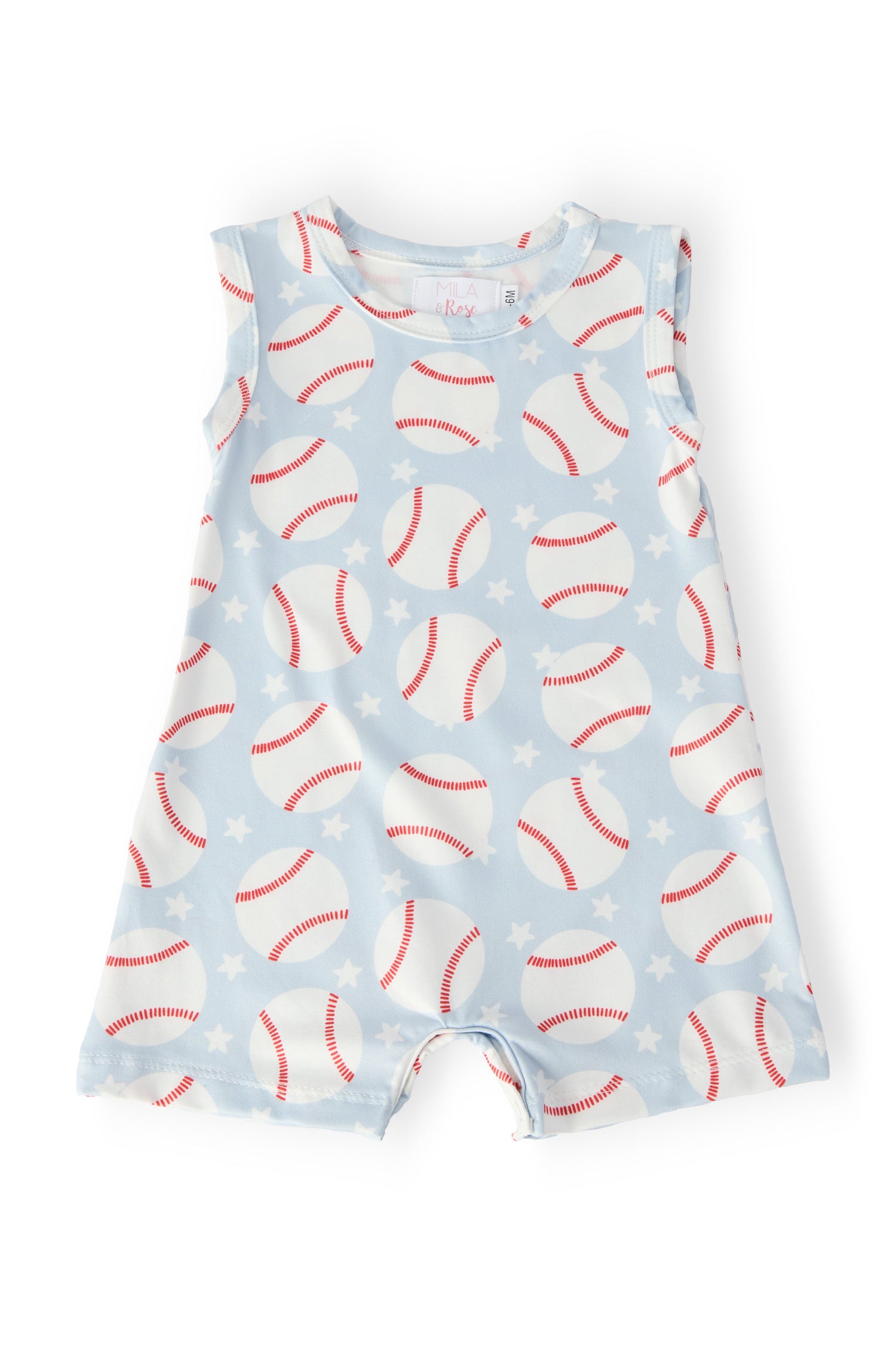 Short-sleeve baby shorty one-piece romper with a baseball-themed print and snap closure.