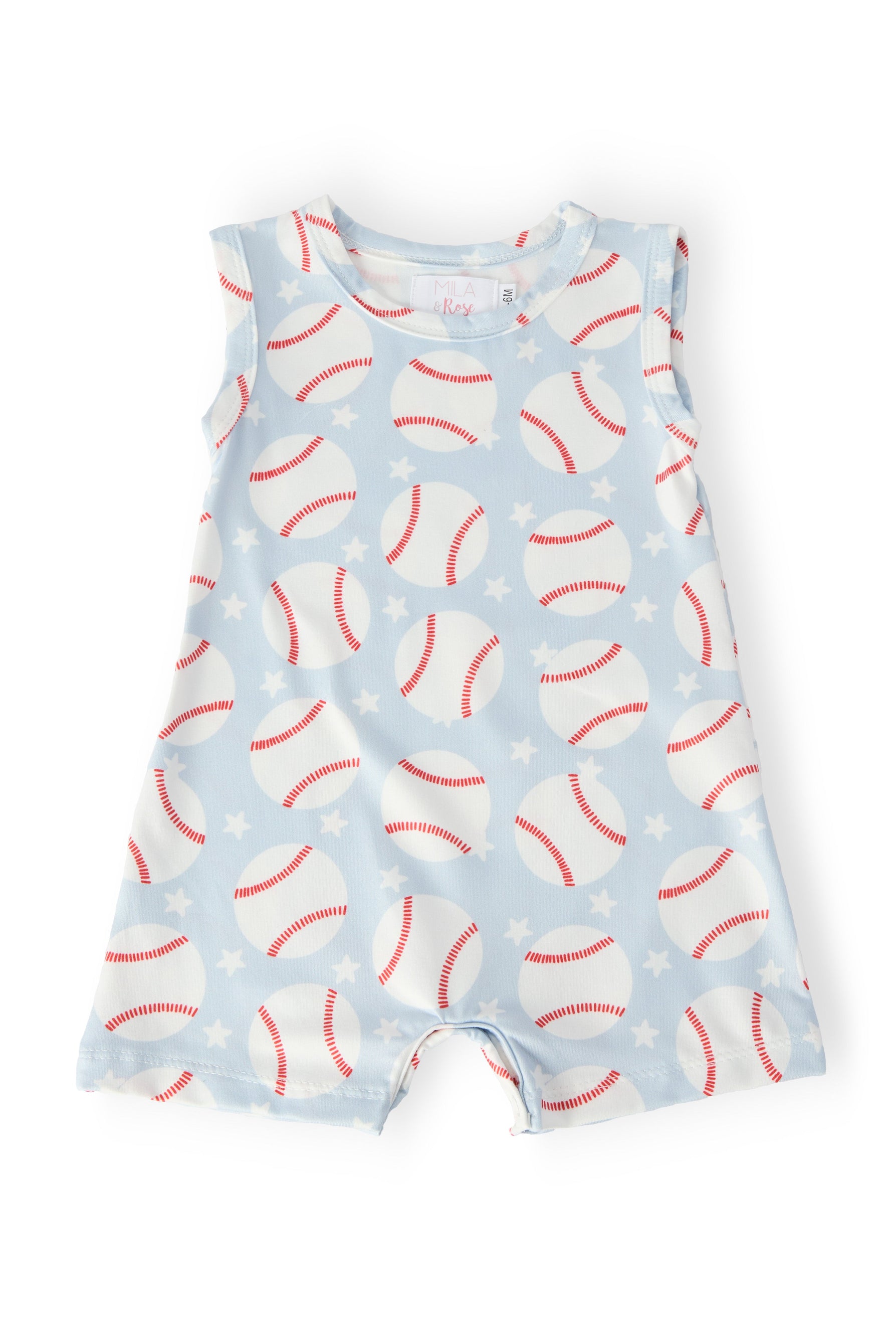 Short-sleeve baby shorty one-piece romper with a baseball-themed print and snap closure.