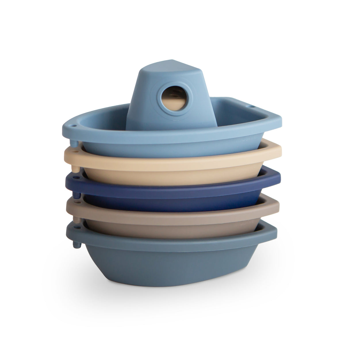 Mushie stacking bath boats in various colors floating in water, perfect for baby and toddler bath time.