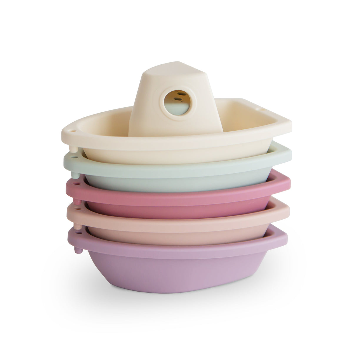 Mushie stacking bath boats in various colors floating in water, perfect for baby and toddler bath time.