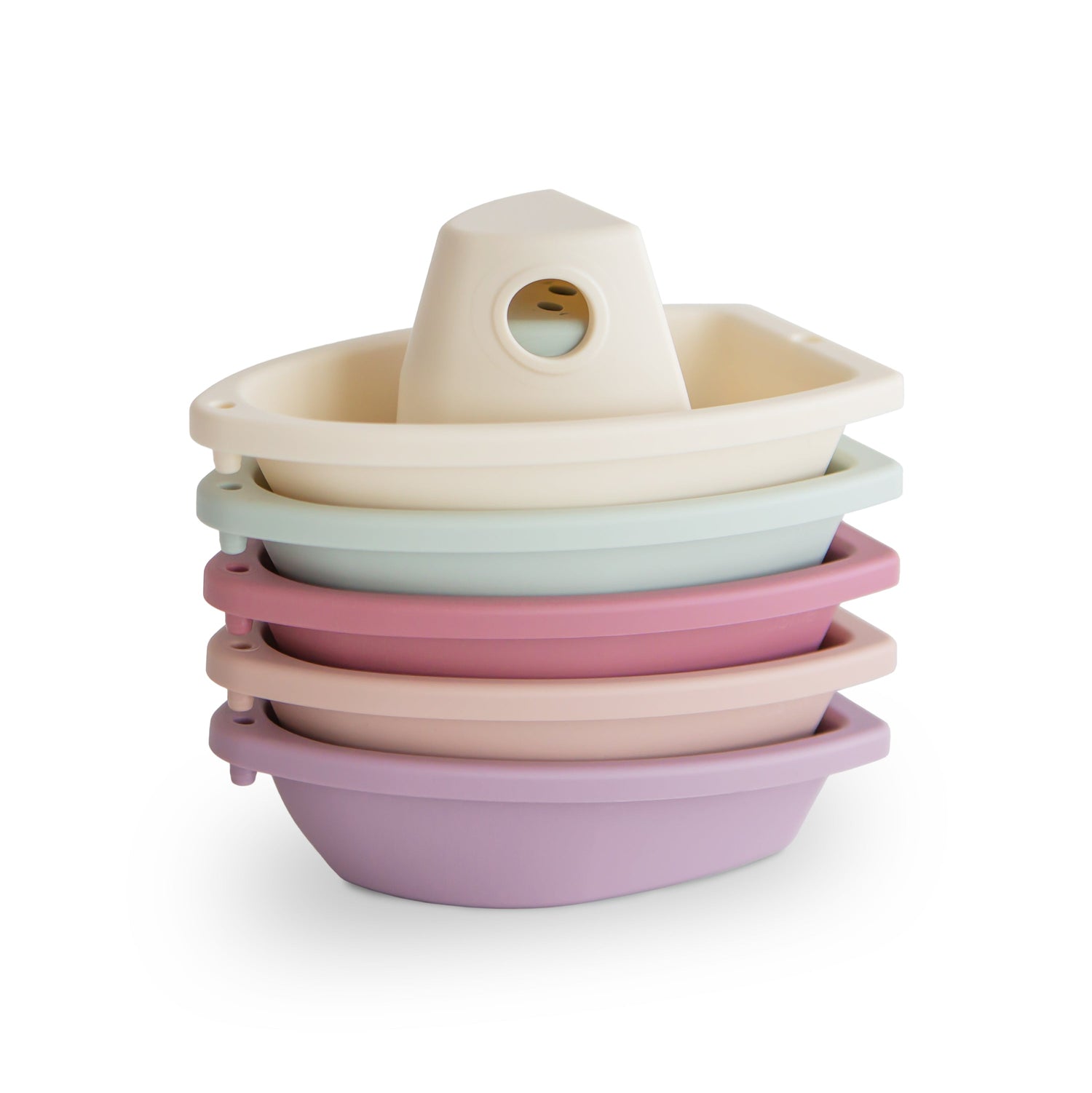 Mushie stacking bath boats in various colors floating in water, perfect for baby and toddler bath time.