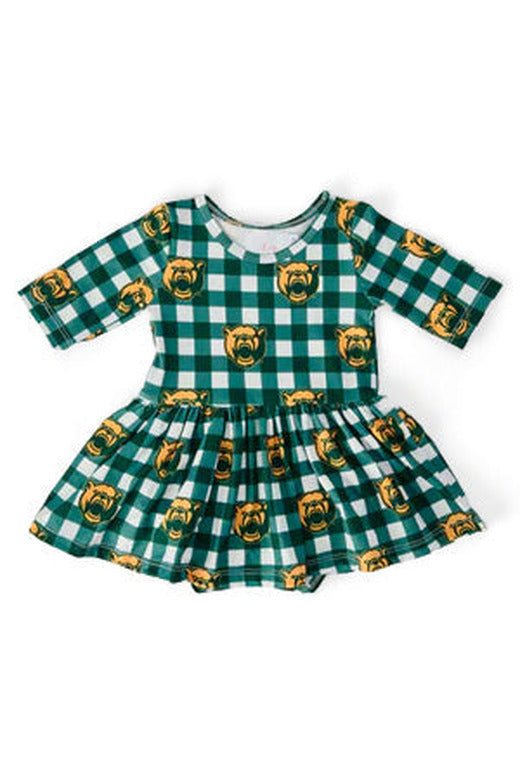 Baby girl twirl bodysuit with plaid bear design, 3/4 sleeves, and built-in twirl skirt