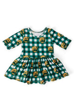Baby girl twirl bodysuit with plaid bear design, 3/4 sleeves, and built-in twirl skirt