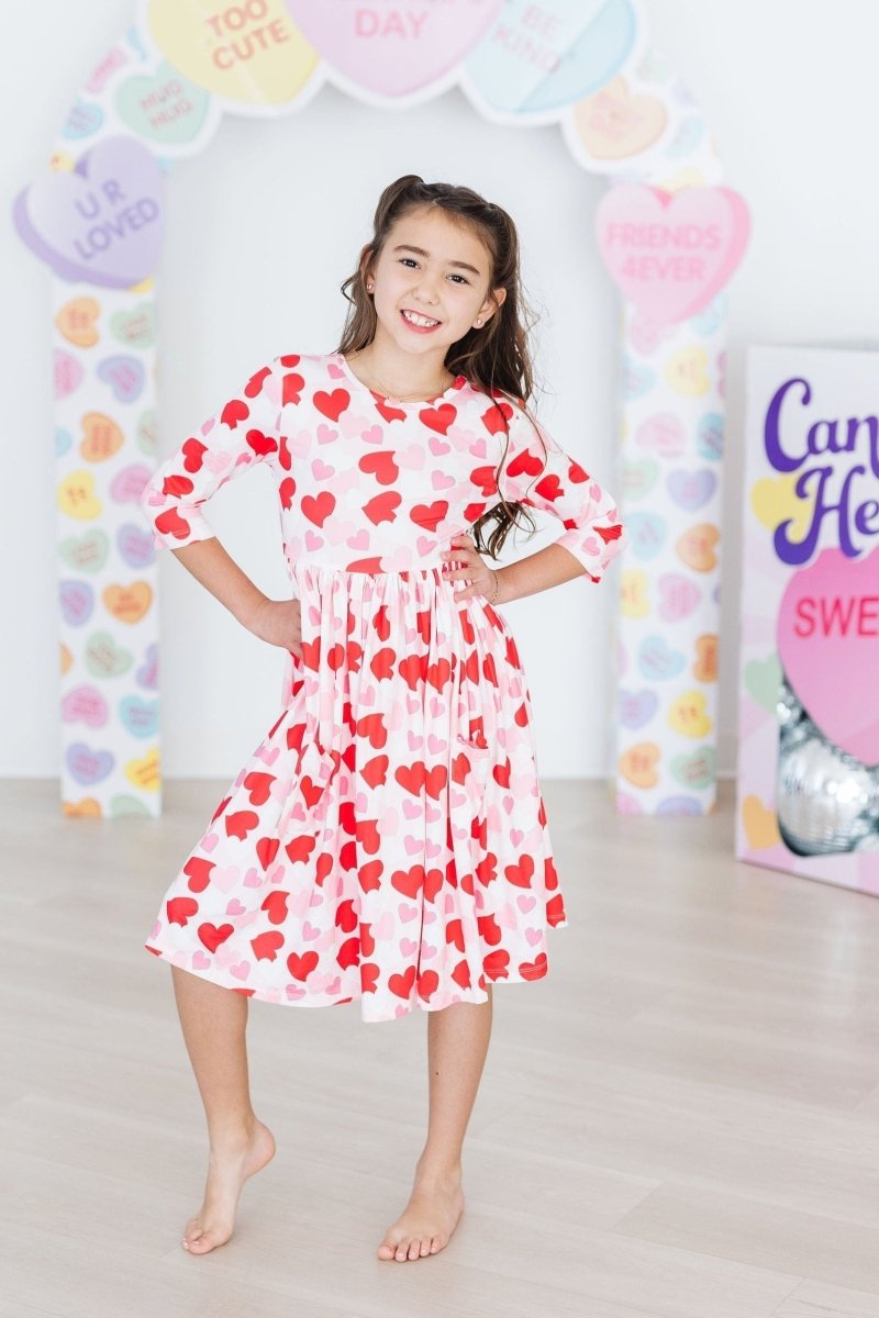 Mila & Rose ® Be Mine Three Quarter Sleeve Pocket Twirl Dress For Girls - Everetts Place Boutique - 