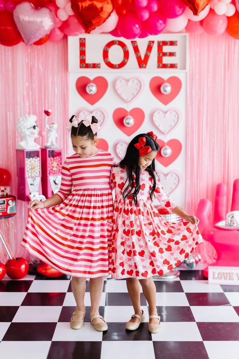 Mila & Rose ® Be Mine Three Quarter Sleeve Pocket Twirl Dress For Girls - Everetts Place Boutique - 