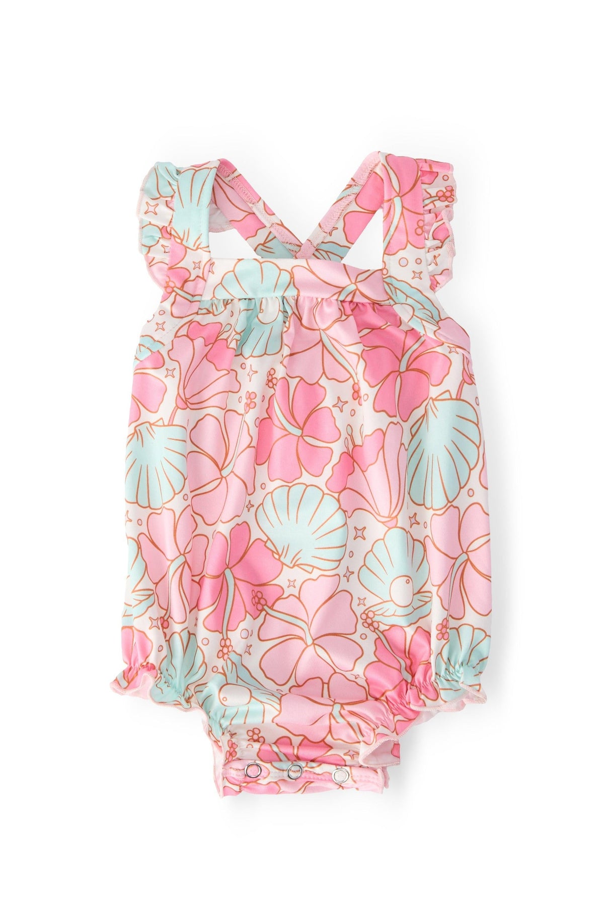 Ruffle cross back romper in Beach Daze print with shoulder ruffle and criss-cross back straps