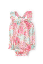 Ruffle cross back romper in Beach Daze print with shoulder ruffle and criss-cross back straps
