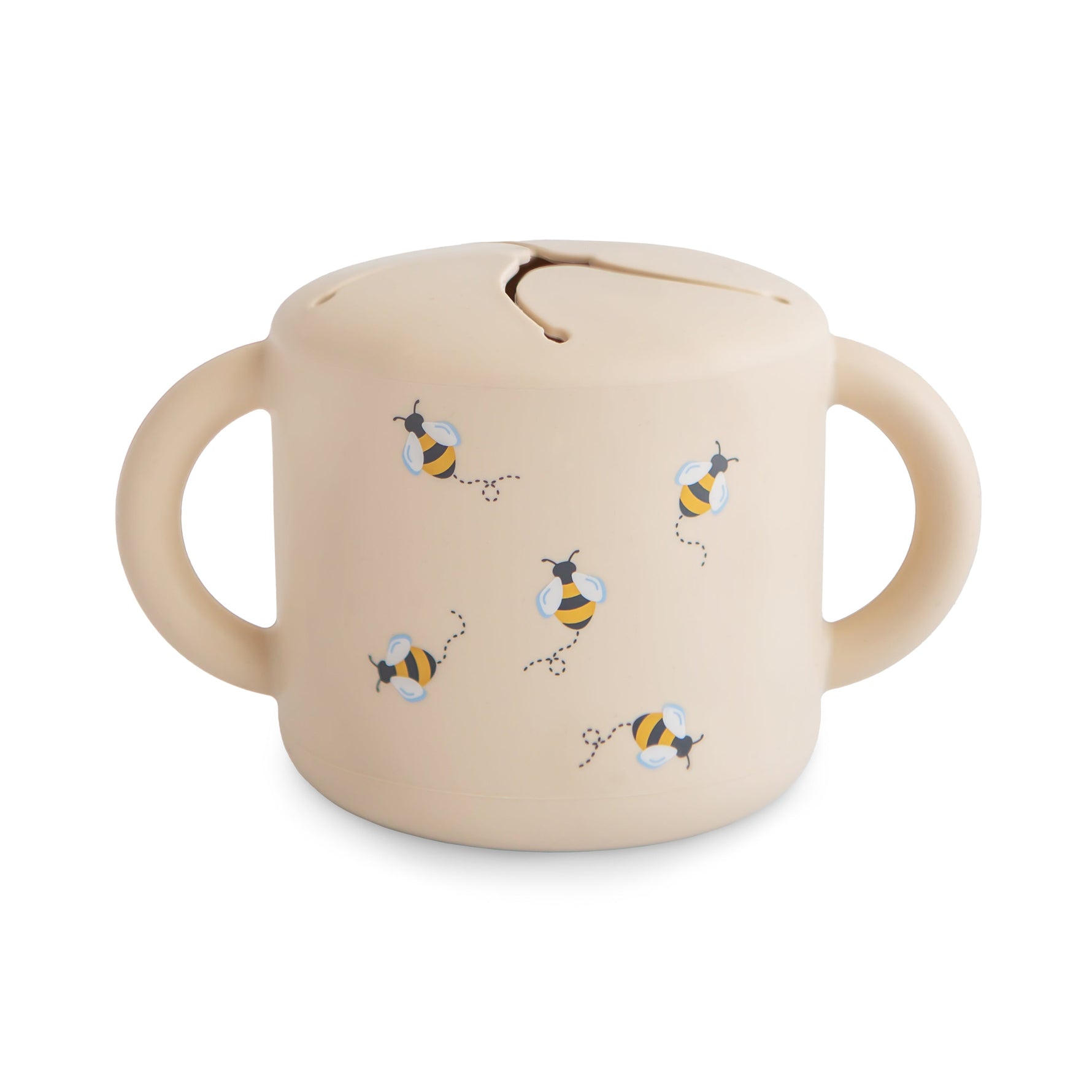 Mushie Silicone Snack Cup with lid, spill-proof design for toddlers and babies, shown in a neutral color.