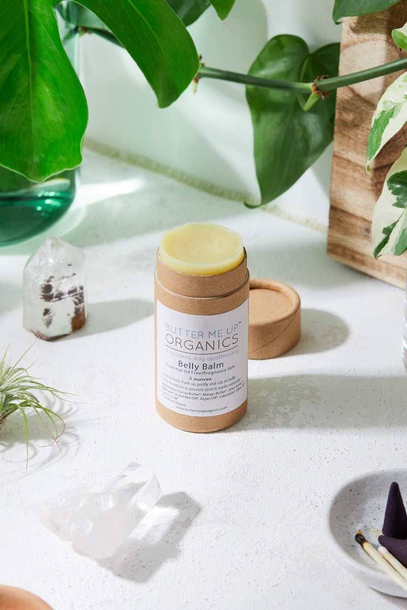 Organic pregnancy balm in compostable tube, made with certified organic ingredients to prevent stretch marks.