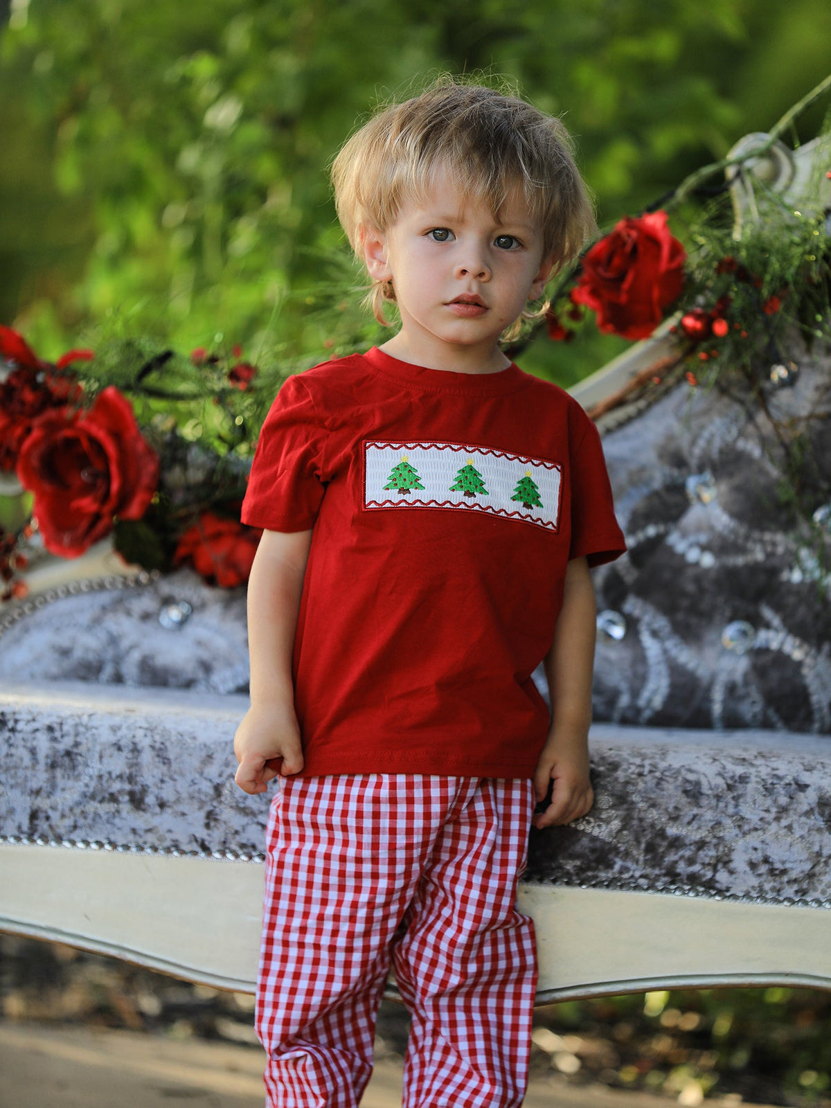 Christmas Smocking Embroidered Christmas Tree Plaid Boys Set by Rylee Faith Designs