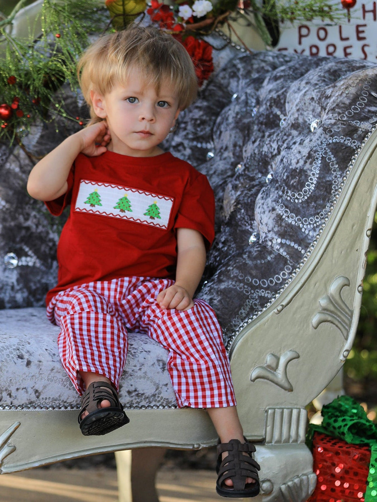 Christmas Smocking Embroidered Christmas Tree Plaid Boys Set by Rylee Faith Designs