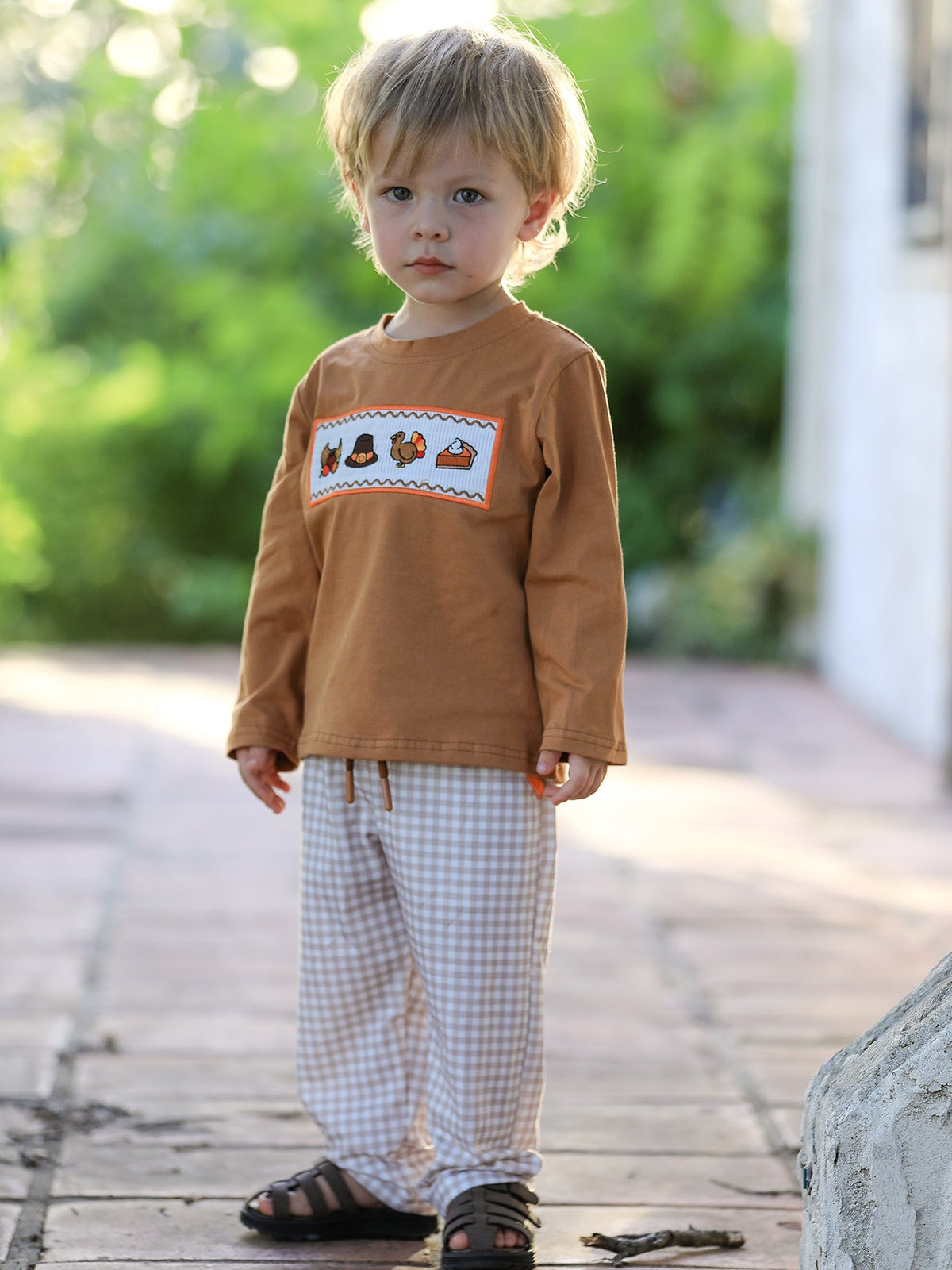 Thanksgiving Boys Embroidered Shirt Gingham Pants Set Fall Outfit by Rylee Faith Designs