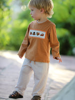 Thanksgiving Boys Embroidered Shirt Gingham Pants Set Fall Outfit by Rylee Faith Designs