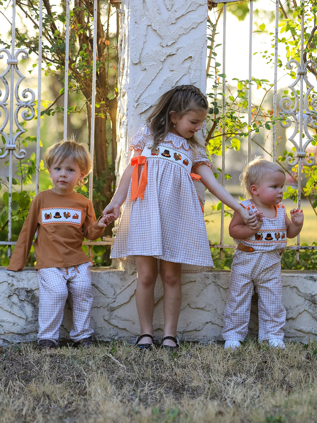 Thanksgiving Boys Embroidered Shirt Gingham Pants Set Fall Outfit by Rylee Faith Designs