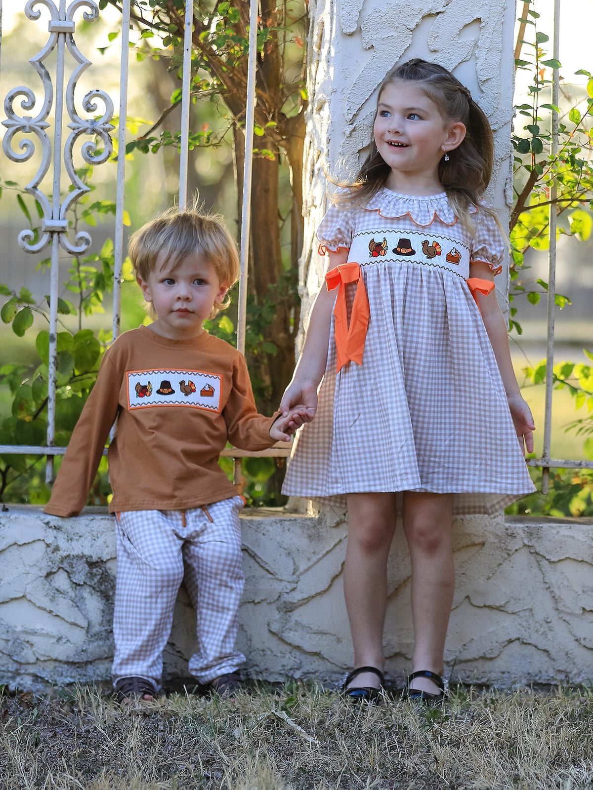 Thanksgiving Boys Embroidered Shirt Gingham Pants Set Fall Outfit by Rylee Faith Designs