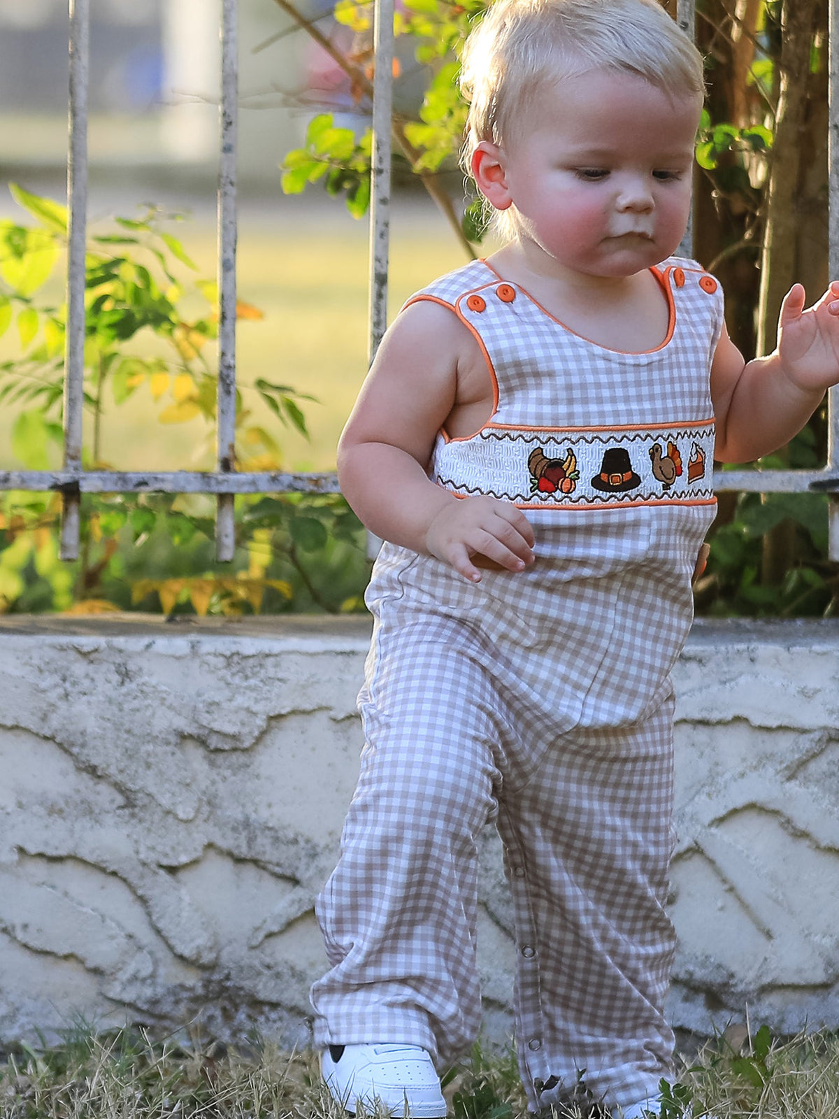 Thanksgiving Boys Gingham Jon Jon Embroidered Romper by Rylee Faith Designs