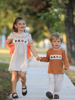 Thanksgiving Boys Embroidered Shirt Gingham Pants Set Fall Outfit by Rylee Faith Designs