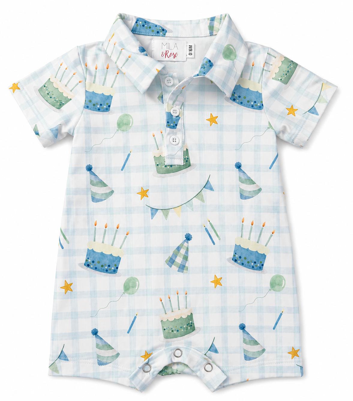 Polo shorty one-piece with collar, short sleeves, and a birthday-themed print