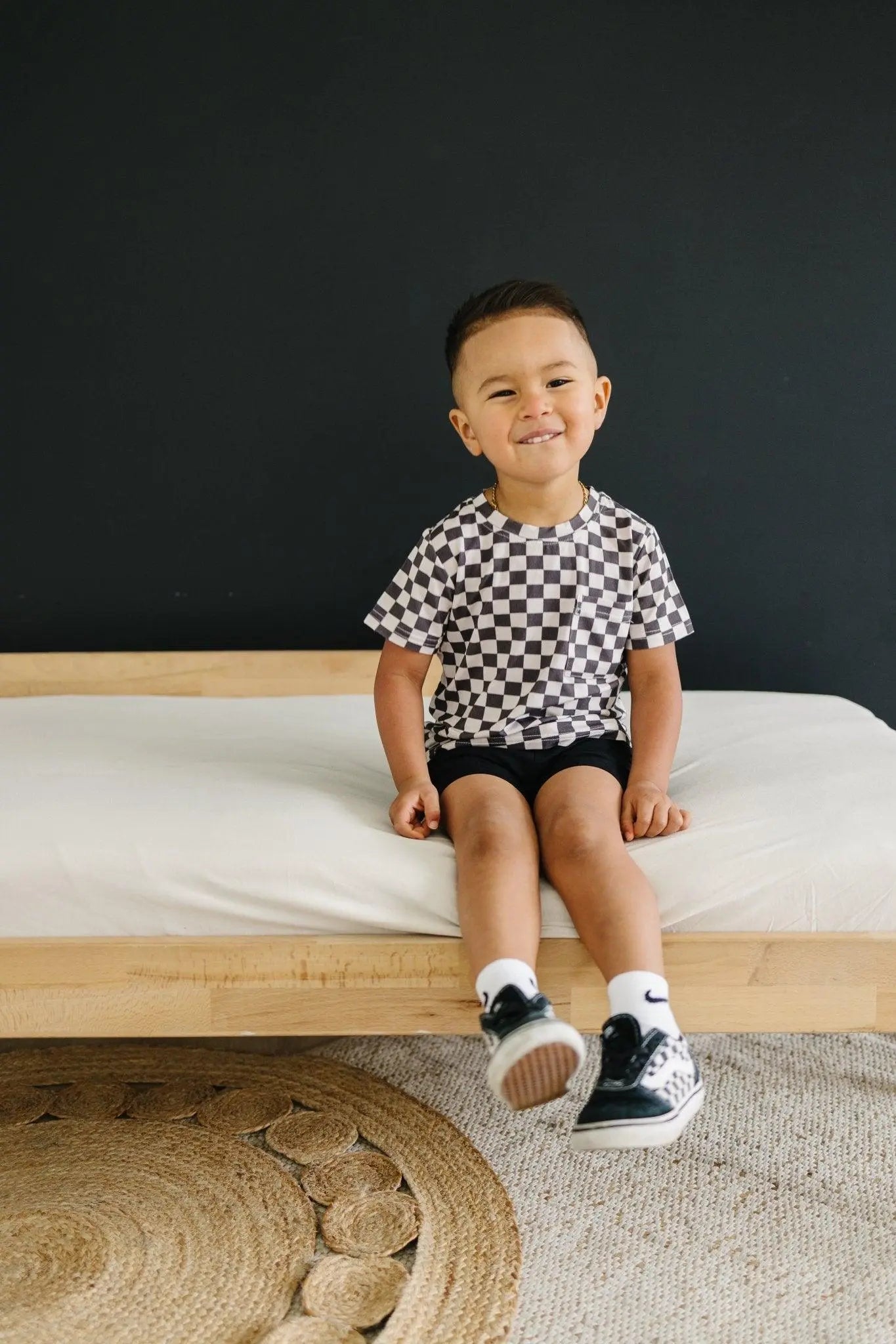 Little Joy Co. Black Checkered Bamboo Baby Tee For All Day Comfort - Apparel & Accessories > Clothing > Baby & Toddler Clothing > Baby & Toddler Tops > T-Shirts