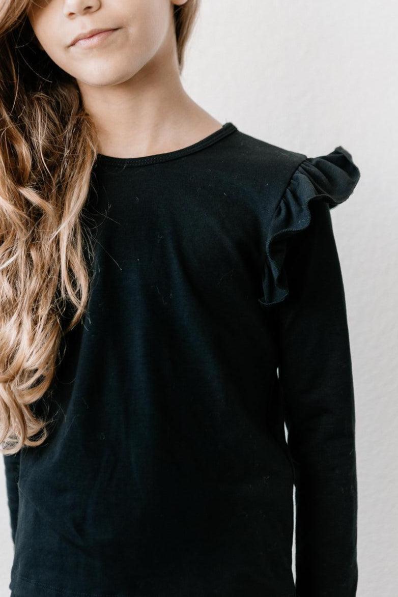 Black Long Sleeve Ruffle Tee For Girls Mila And Rose Mila & Rose ® Everetts Place: Online Boutique