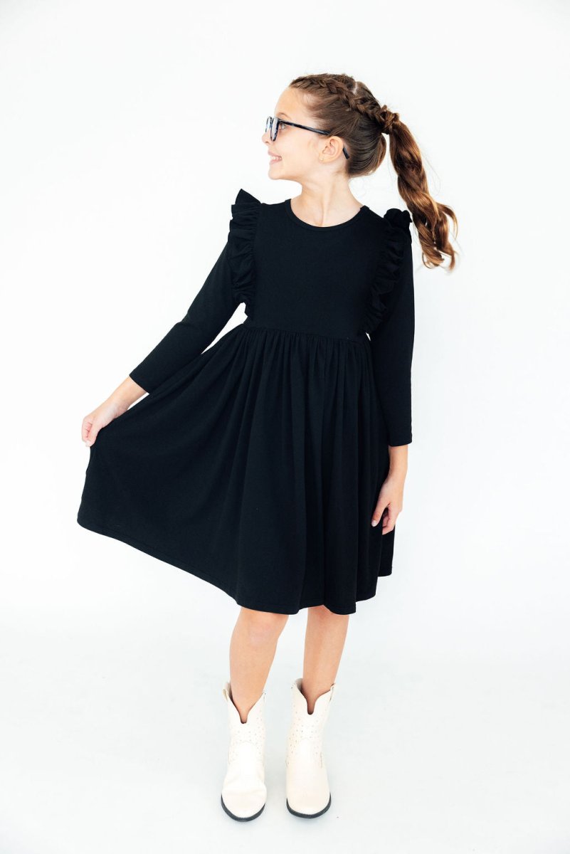 Mila & Rose ® Black Long Sleeve Ruffle Twirl Dress For Girls Everyday - Everetts Place Boutique - 