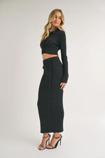 PinkBlush Black Rib Knit Side Button Maxi Skirt Elastic Waistband - Apparel & Accessories > Clothing > Skirts Apparel & Accessories > Clothing > Dresses